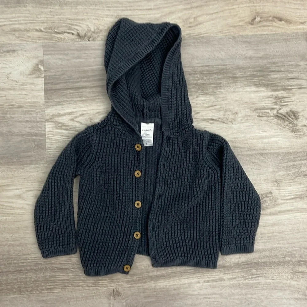 Carter's Navy Blue 100% Cotton Knit Hooded Cardigan Sweater Size 12 Months